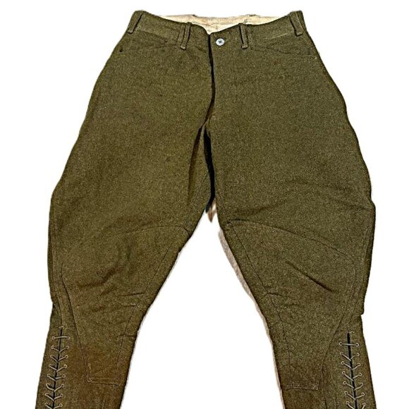Vintage Military WWI Button Fly Green Wool Army pant jodhpurs 32 X 26 ankle tie - Picture 1 of 4